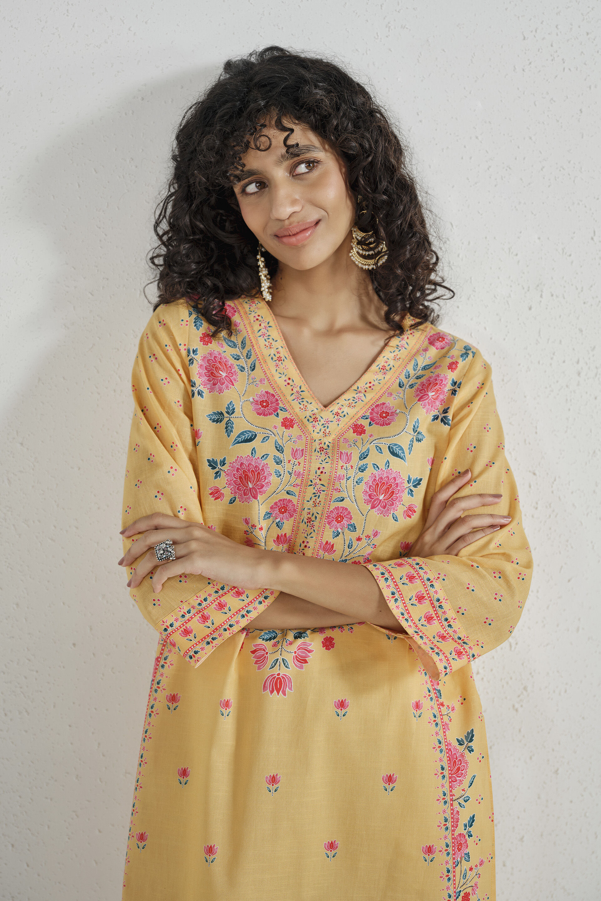 Butter Yellow Printed Cotton Kurta, Yellow, image 5